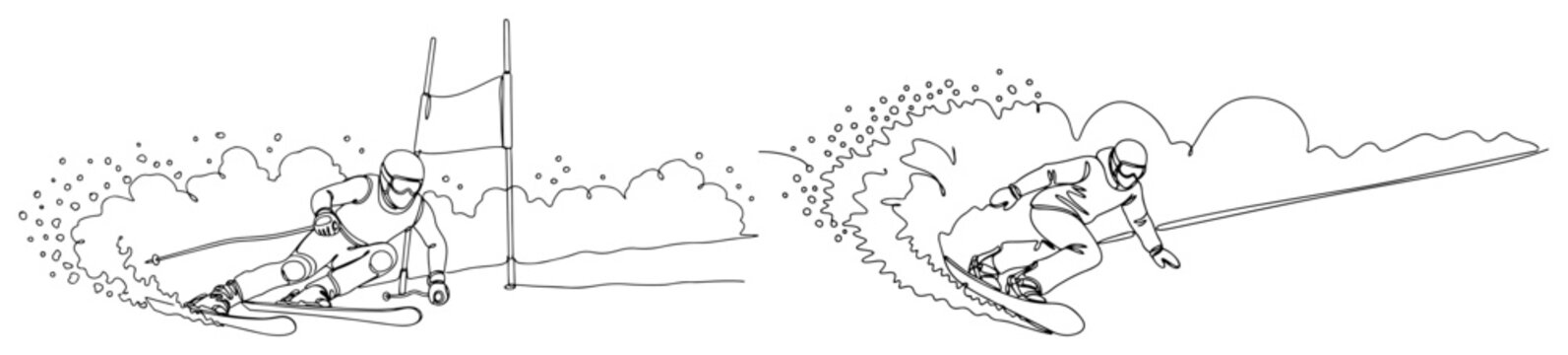 Minimalist single line illustration showing a skier racing through slalom gates and a snowboarder carving powder