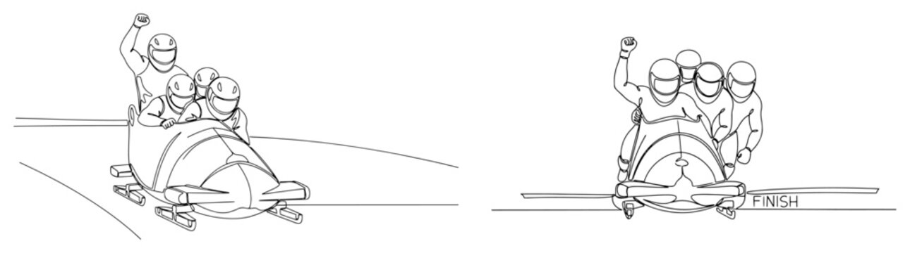 Continuous line drawing of a professional four man bobsleigh team celebrating victory at the finish line