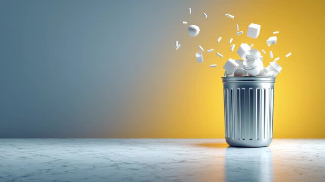 Trash can filled with white waste items, as pieces of trash are seen flying out in a dynamic motion against a gradient background of gray and yellow colors