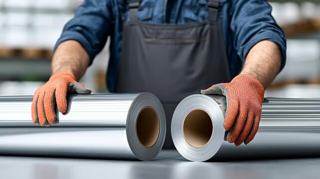 Male worker in gray apron and orange gloves holds two rolls of shiny aluminum foil, preparing to compare them in a well-lit industrial workspace with shelves in the background