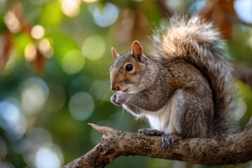 Obraz premium Natural scene featuring an Eastern gray squirrel foraging among leaves and nuts