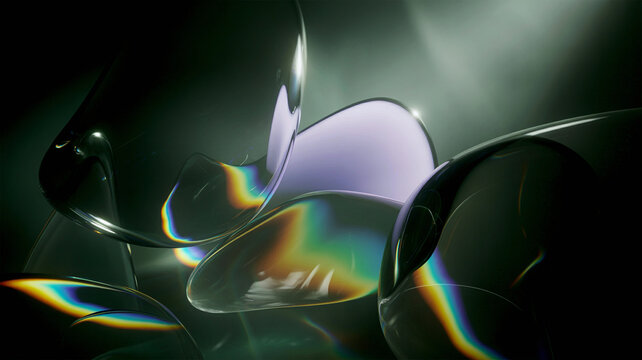 Abstract glass bubbles with rainbow prism refraction on dark background for high-tech branding, luxury cosmetic packaging and futuristic wallpaper