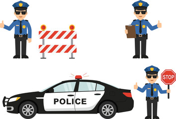 Police officer illustration set with patrol car and road barrier, law enforcement traffic control concept, cartoon police characters vector isolated © Shirina