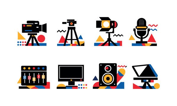 Broadcasting Equipment in abstract flat style: camera, tripod, studio light, microphone, mixer, monitor, speaker, teleprompter