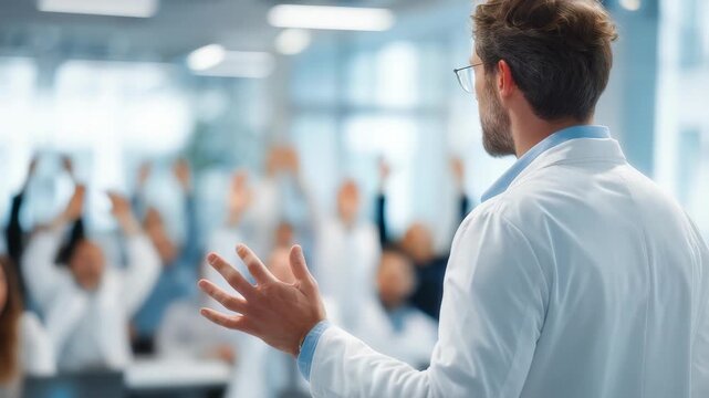 A medical expert addresses an attentive audience of colleagues during a seminar in a bright, contemporary office setting. Professional development and knowledge sharing in healthcare