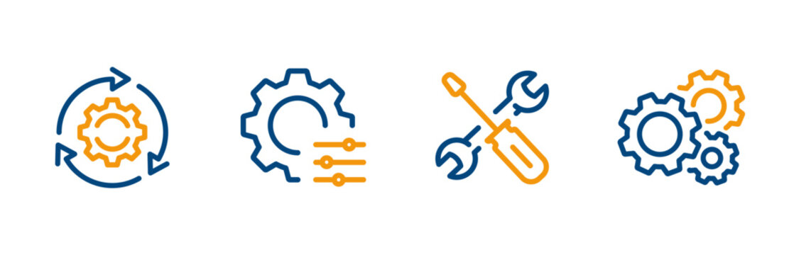 Settings icons, service, gears, tools, mechanism setup, line icon set