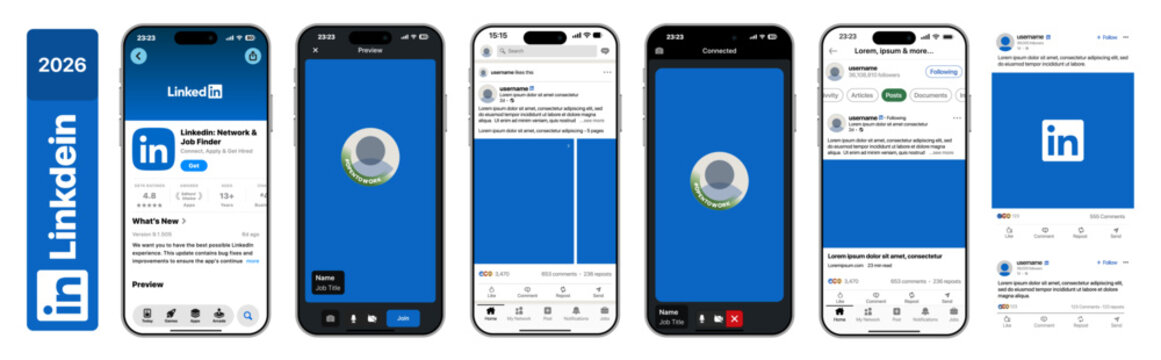 LinkedIn 2026 UI with post feed job cards video call meeting panel App Store download page carousel posts apply buttons company profiles like comment share actions and professional networking workflow