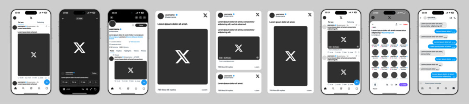 X Twitter 2026 full interface mockup with home feed post composer chat messages video player voice chat spaces carousel posts notifications explore tab and modern social timeline dashboard