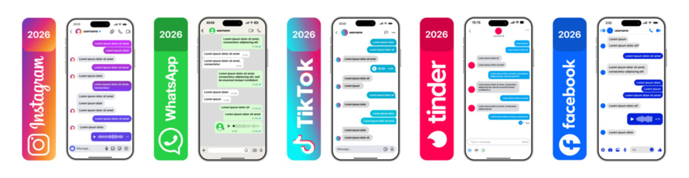 Instagram WhatsApp TikTok Tinder Facebook 2026 UI set with direct messenger DM chat bubbles chat list swipe matches status reels feed notifications and cross app social communication screens