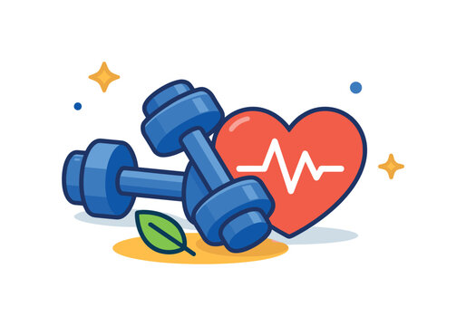 Balanced physical activity as part of a realistic daily wellness routine at home, a pair of dumbbells combined with a heart icon representing gentle exercise