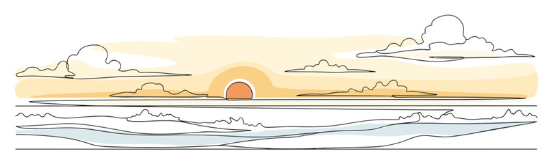 Minimalistic line drawing of a sunset over the ocean with copy space
