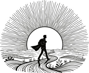 Stylized line drawing of a person walking towards a rising sun with copy space