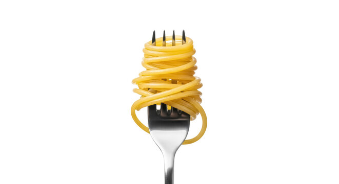 Spaghetti on a fork isolated PNG, delicious Italian pasta served on a utensil for food presentation and culinary design on transparent background
