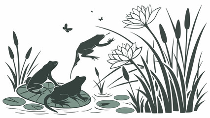 Frogs Leaping and Sitting on Lily Pads in Serene Pond with Cattails and Water Lilies for Nature Websites or Children's Book Illustration