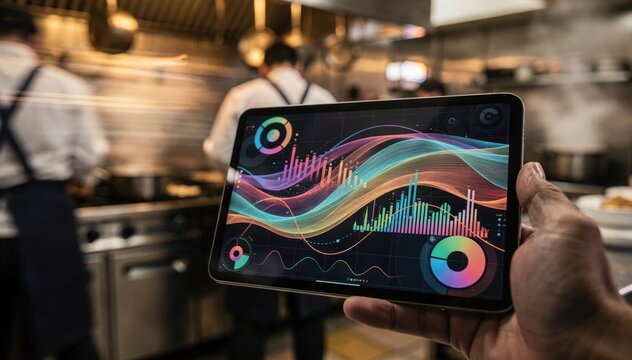 Handheld smart screen details live cooking process analytics set against a softly outoffocus bustling restaurant kitchen backdrop.