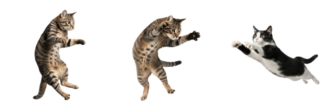 Set of Playful Cats Featuring Athletic Leaping and Standing Poses Isolated on Transparent Background PNG