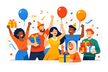 Fototapeta premium Happy Friends Celebrating Together with Gifts, Balloons, and Confetti at a Festive Party