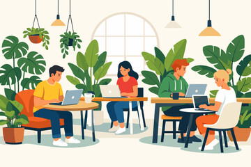 Fototapeta premium Creative Team Working Together in a Green Coworking Space with Laptops and Indoor Plants
