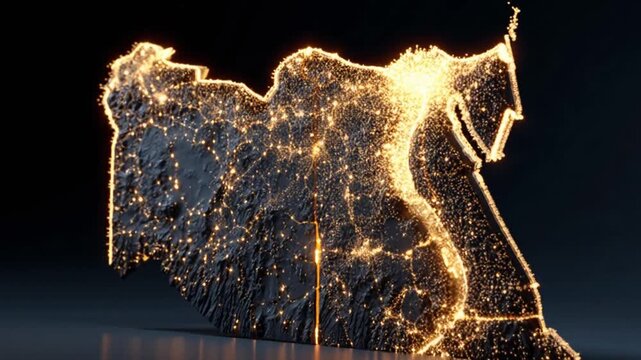 Illuminated 3D rendering of a landmass, showcasing bright points of light against a dark, textured surface