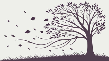 Strong Wind Blows Leaves from Silhouette Tree on Grassy Hillside Seasonal Autumn Weather Graphic Design Element for Resilience