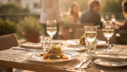 Sunlit patio dining featuring a sharp focus on plated food and glassware guests and surroundings gently faded out of focus.