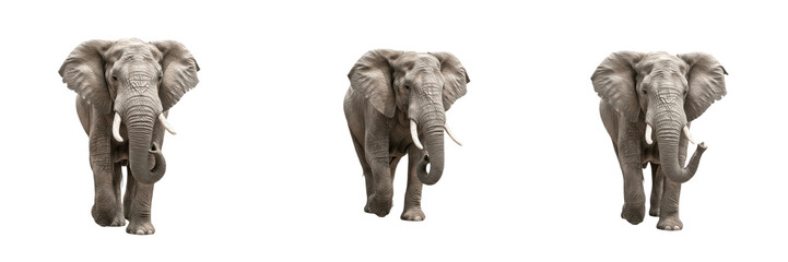 Obraz premium Dynamic Trio of African Elephants in Powerful Striding and Trunk-Raising Poses, isolated on white png