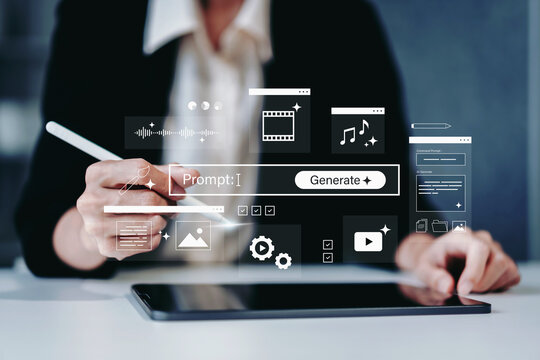 Business woman using ai powered content generation interface with prompt input, chatbot robot icon, and multimedia creation tools for text, image, video, and audio workflow on digital tablet