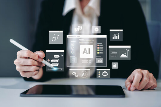 Business woman using ai artificial intelligence chatbot interface on tablet with robot assistant icons, dashboard analytics and digital content generation for business automation and workflow