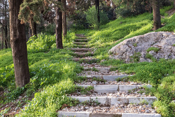Walking trail with stone steps on Filopappou Hill Athens Greece peaceful green park area nature travel outdoor concept