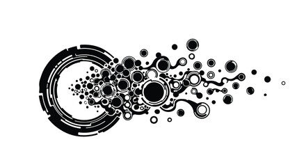 Abstract background with dynamic particles bubbles and circles in black and white modern illustration for creative design concept