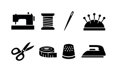 Home sewing essentials: sewing machine, spool of thread, needle, pin cushion, fabric scissors, measuring tape, thimble, iron