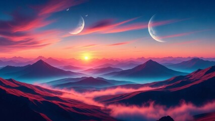 Fototapeta premium Surreal Landscape with Multiple Moons at Sunset.