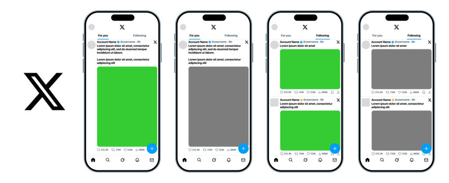 X Twitter home feed UI with post composer trending sidebar video cards reply repost like buttons profile header notifications and modern microblogging social media timeline experience