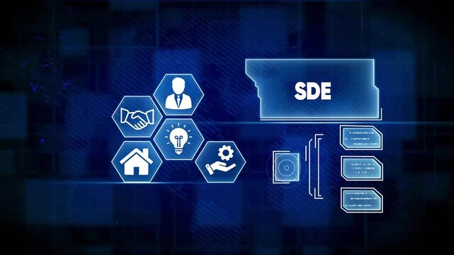 Digital SDE interface with hexagonal icons and data streams on a blue grid background software development environment