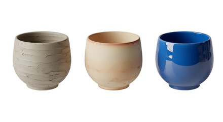 Three ceramic cups in different colors isolated on transparent background, simple design