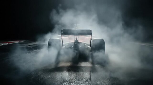 A race car kicks up smoke from its tires on a dark track. Rear view focus
