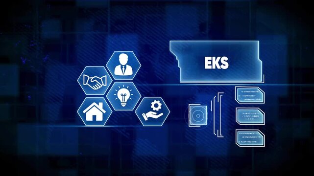 Digital interface with EKS text and interconnected icons for business partnership innovation and home security