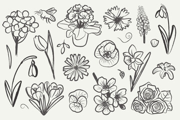 Collection of hand drawn spring flowers in grunge ink, charcoal, pencil and chalk style. Expressive botanical line art elements for branding, packaging, prints and stationery.