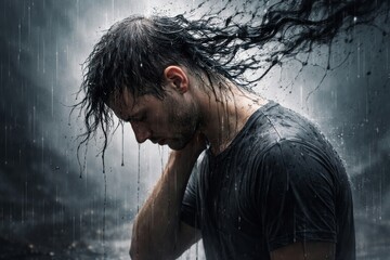 Struggling against the storm man in rain portrait dark atmosphere close-up resilience
