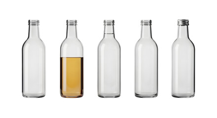 Collection of empty glass bottles, some with liquid, isolated on transparent background