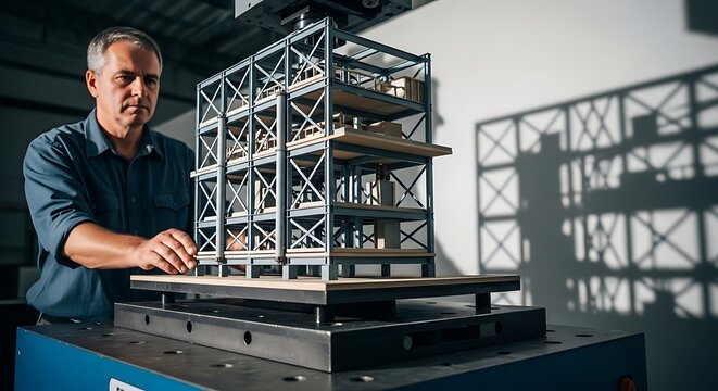 A serious male engineer carefully examines a detailed structural model of a building on a test platform, demonstrating critical analysis.