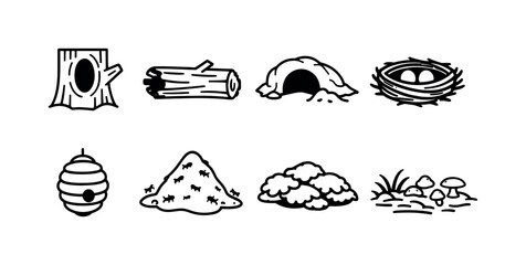 Forest Habitat Icons. Forest wildlife habitats in linear style: tree hollow, fallen log, burrow hole, bird nest, beehive, anthill mound, moss patch, forest
