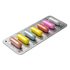 Blister pack containing five colorful round pills or medication tablets