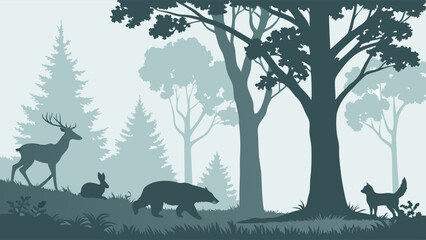 Misty Forest Wildlife Silhouette Background for Nature Website Design Ecology Brochure or Environmental Advertising Campaign