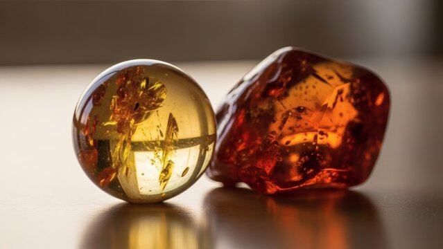 Two amber gemstones on reflective surface.