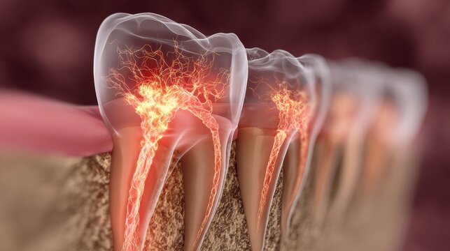 Chronic Inflammation and Damage in Periodontal Ligament Shown in 3D Rendering With a Scientific Focus and Clean Presentation