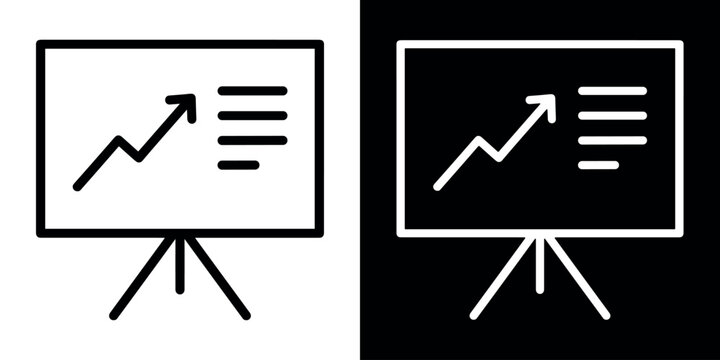 Presentation board icon with rising growth arrow and report data. Editable stroke. Vector illustration