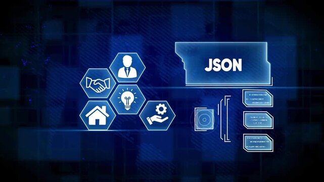 Digital JSON concept with hexagonal icons and data streams on blue background JSON technology