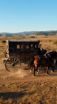 Horses pull a wagon across a dusty landscape in the late afternoon sun near a small town in the countryside