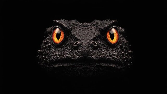 A close-up view shows the head of a textured dark creature with two large, vibrant orange eyes